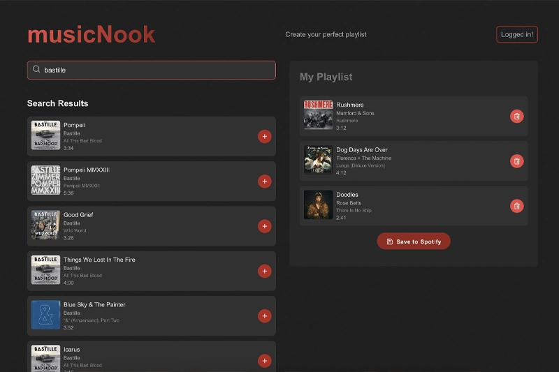 Screenshot of the Music Nook Spotify Playlist Builder